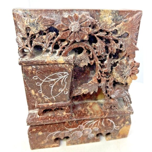 Handcarved Soapstone  Flower Pot & Peacock Reddish Brown Bookend MCM - Picture 1 of 15